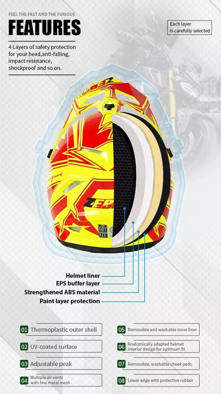 Dirt Bike Motocross Helmet in Yellow & Red Zebra