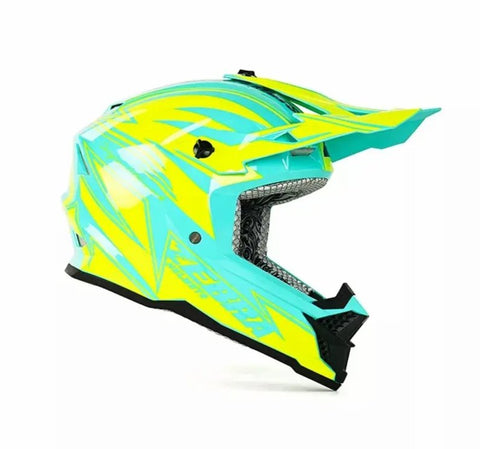 Yellow and Turquoise Blue Zebra Dirt Bike Motorcycle Helmet is brought to you by Kings Motorcycle Fairings - KingsMotorcycleFairings.com