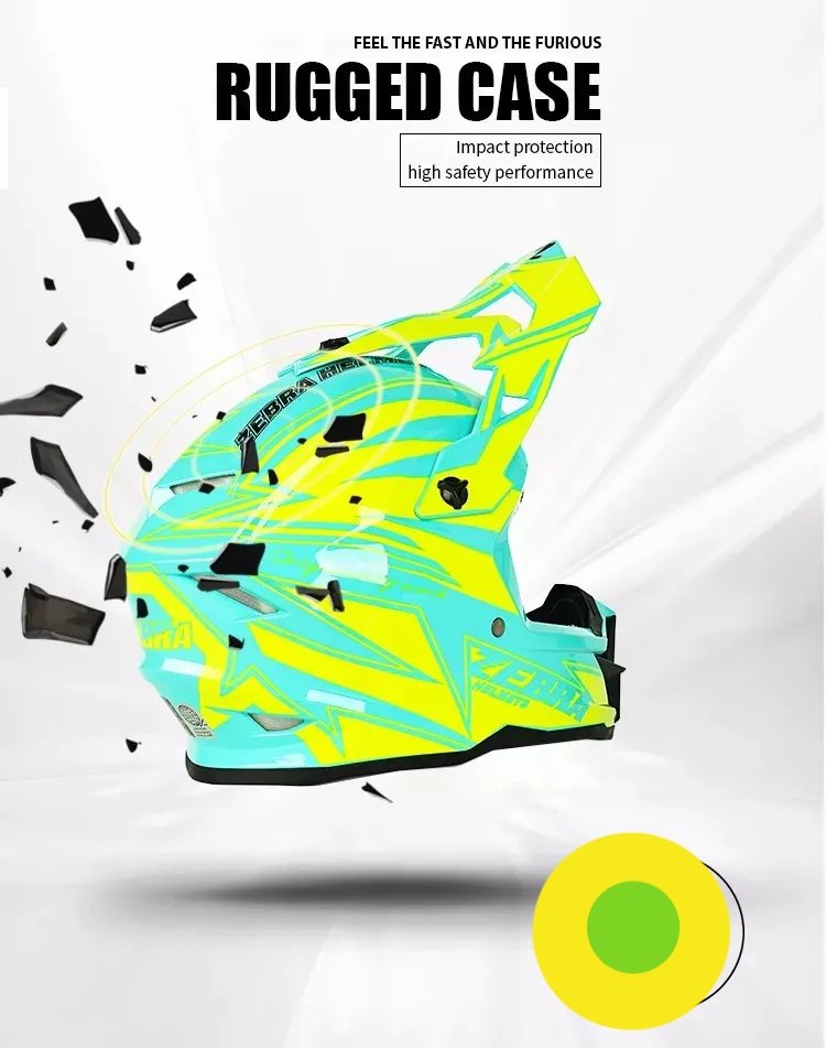 Yellow and Turquoise Blue Zebra Dirt Bike Motorcycle Helmet is brought to you by Kings Motorcycle Fairings - KingsMotorcycleFairings.com