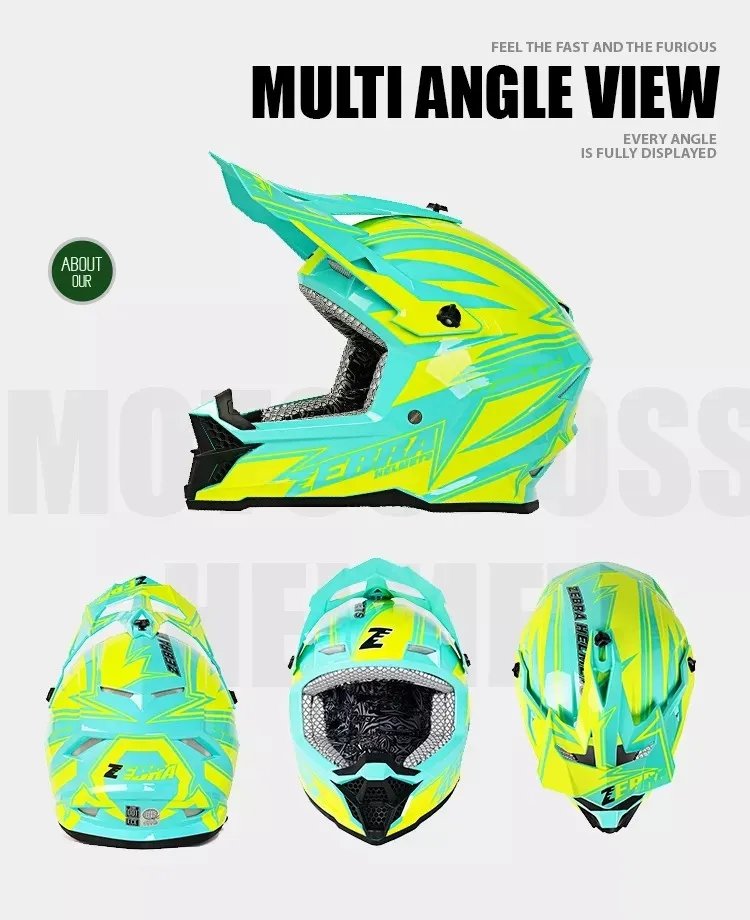 Yellow and Turquoise Blue Zebra Dirt Bike Motorcycle Helmet is brought to you by Kings Motorcycle Fairings - KingsMotorcycleFairings.com