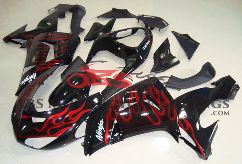 Black and Red Flame Fairing Kit for a 2006 & 2007 Kawasaki Ninja ZX-10R motorcycle