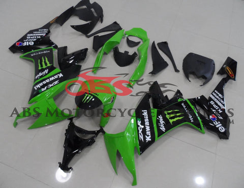Black and Green Monster Energy Fairing Kit for a 2008, 2009 & 2010 Kawasaki Ninja ZX-10R motorcycle