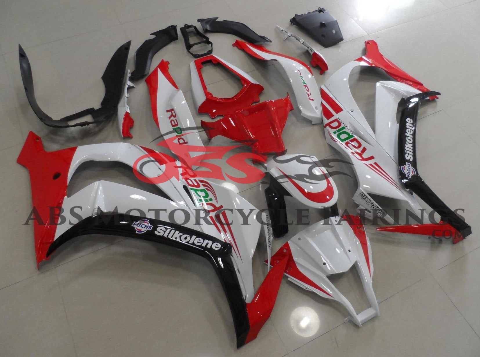 White, Red and Black Rapid Fairing Kit for a 2011, 2012, 2013, 2014 & 2015 Kawasaki ZX-10R motorcycle.