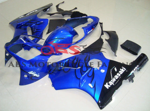 Blue and Black Flame Fairing Kit for a 2002, 2003, 2004, 2005 & 2006 Kawasaki Ninja ZX-12R motorcycle