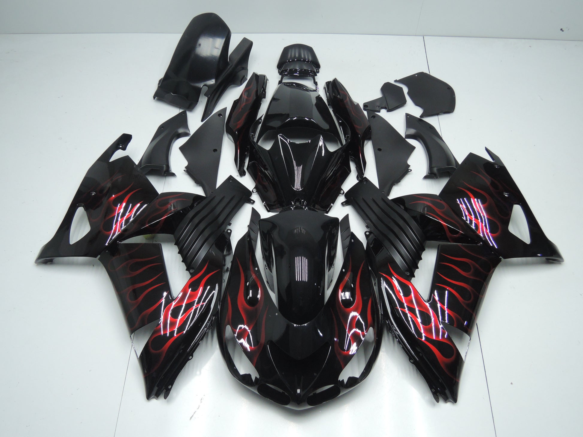 Black, Matte Black and Red Flame Fairing Kit for a 2006, 2007, 2008, 2009, 2010 & 2011 Kawasaki Ninja ZX-14R motorcycle.