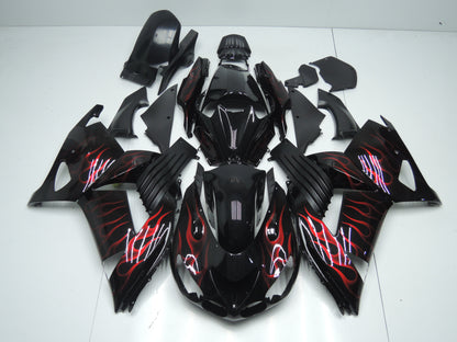 Black, Matte Black and Red Flame Fairing Kit for a 2006, 2007, 2008, 2009, 2010 & 2011 Kawasaki Ninja ZX-14R motorcycle.