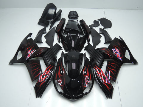 Fairing kit for a Kawasaki Ninja ZX14R (2006-2011) Black, Matte Black & Red Flames