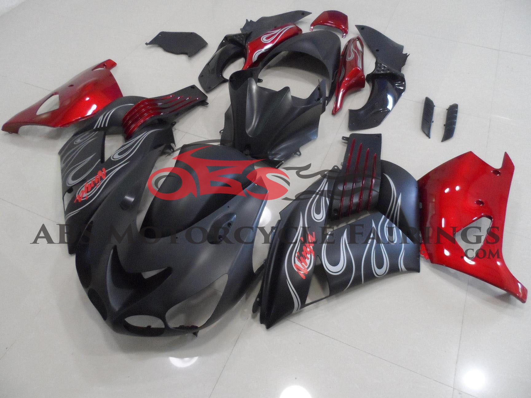 Kawasaki Ninja ZX14R Fairings (2006-2011) Matte Black, Red, Silver Flames at KingsMotorcycleFairings.com