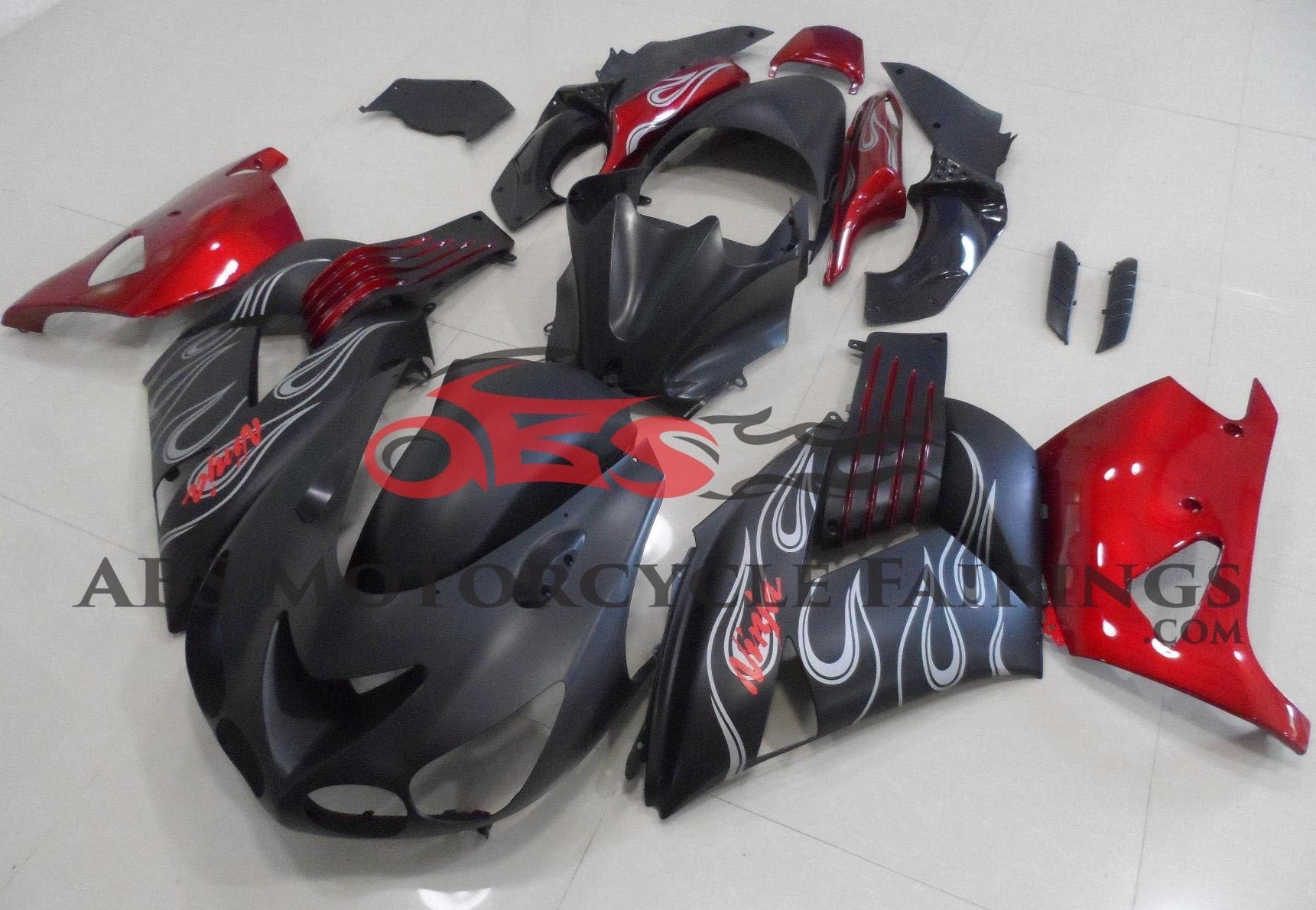 Kawasaki Ninja ZX14R Fairings (2006-2011) Matte Black, Red, Silver Flames at KingsMotorcycleFairings.com