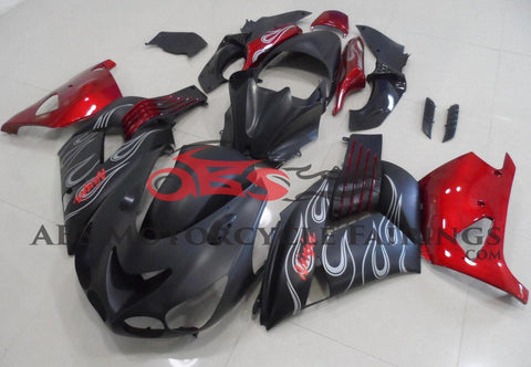 Fairing kit for a Kawasaki Ninja ZX14R (2012-2021) Matte Black, Candy Apple Red & Silver Flames