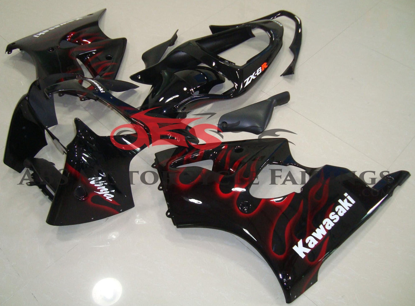 Black and Red Flame Fairing Kit for a 2000, 2001 & 2002 Kawasaki ZX-6R 636 motorcycle