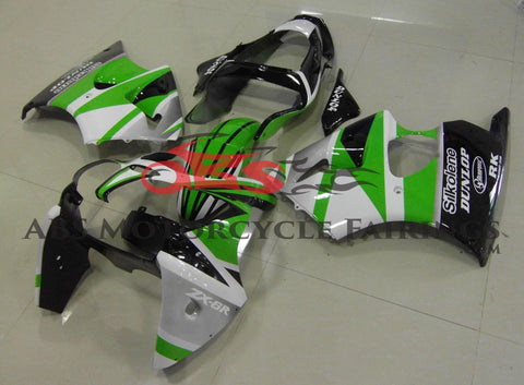 Green, Black, White and Silver Fairing Kit for a 2000, 2001 & 2002 Kawasaki ZX-6R 636 motorcycle.