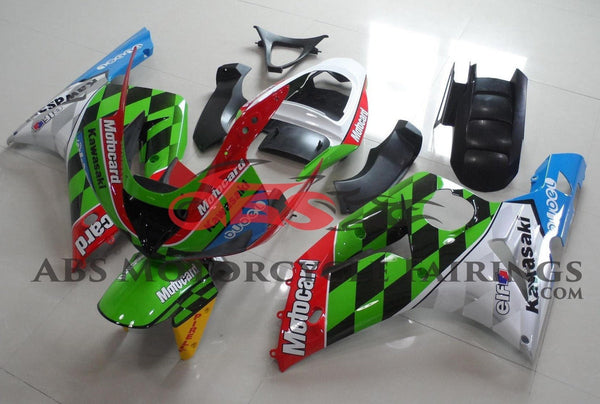 Green, Black, Red, White and Blue Motocard Fairing Kit for a 2003 & 2004 Kawasaki ZX-6R 636 motorcycle