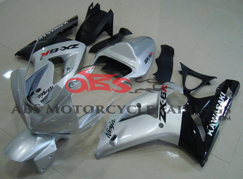 Silver and Black Fairing Kit for a 2003 & 2004 Kawasaki ZX-6R 636 motorcycle