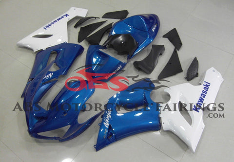 Blue and White Fairing Kit for a 2005 & 2006 Kawasaki ZX-6R 636 motorcycle