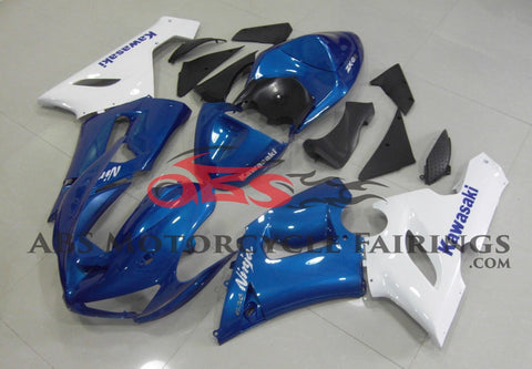 Blue and White Fairing Kit for a 2005 & 2006 Kawasaki ZX-6R 636 motorcycle