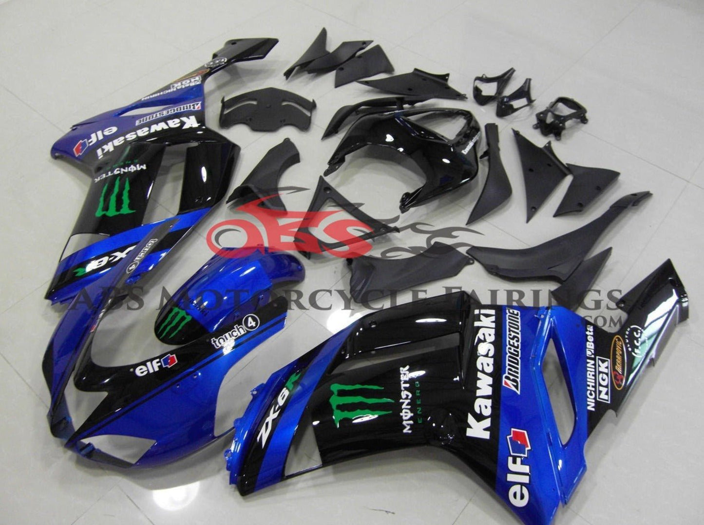 Kawasaki Ninja ZX6R 636 (2007-2008) Blue & Black Monster Energy Fairings