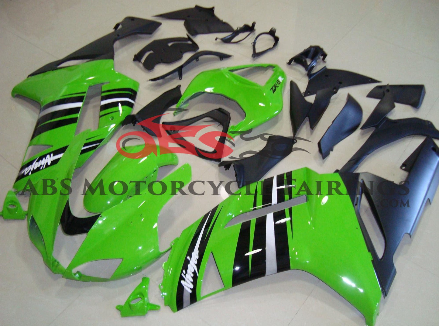 Kawasaki Ninja ZX6R 636 (2007-2008) Green, Black & Silver Striped Fairings