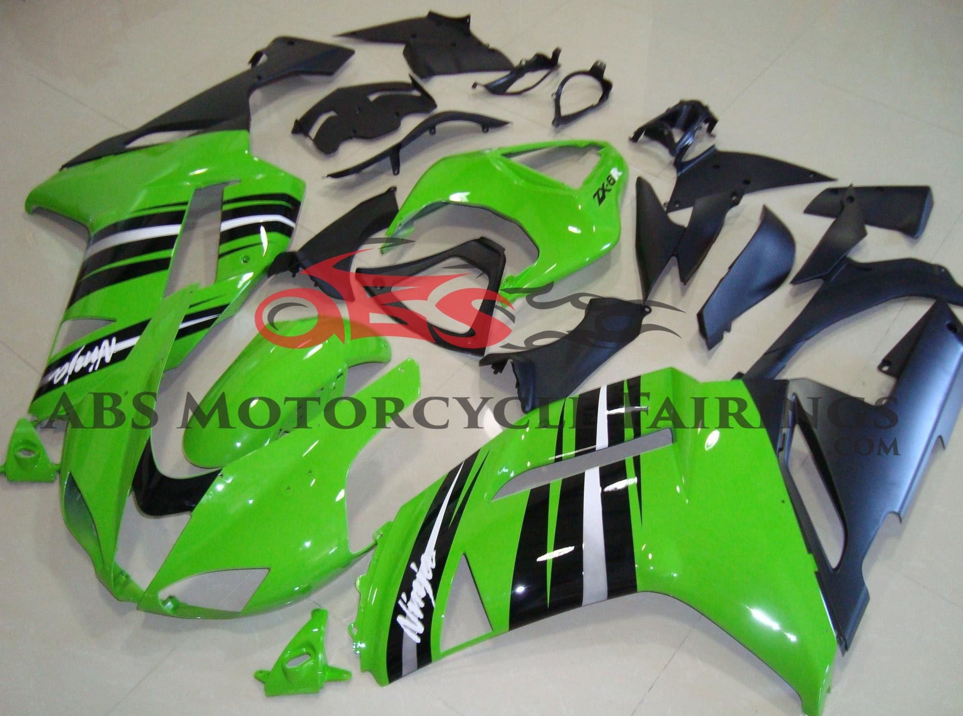 Kawasaki Ninja ZX6R 636 (2007-2008) Green, Black & Silver Striped Fairings