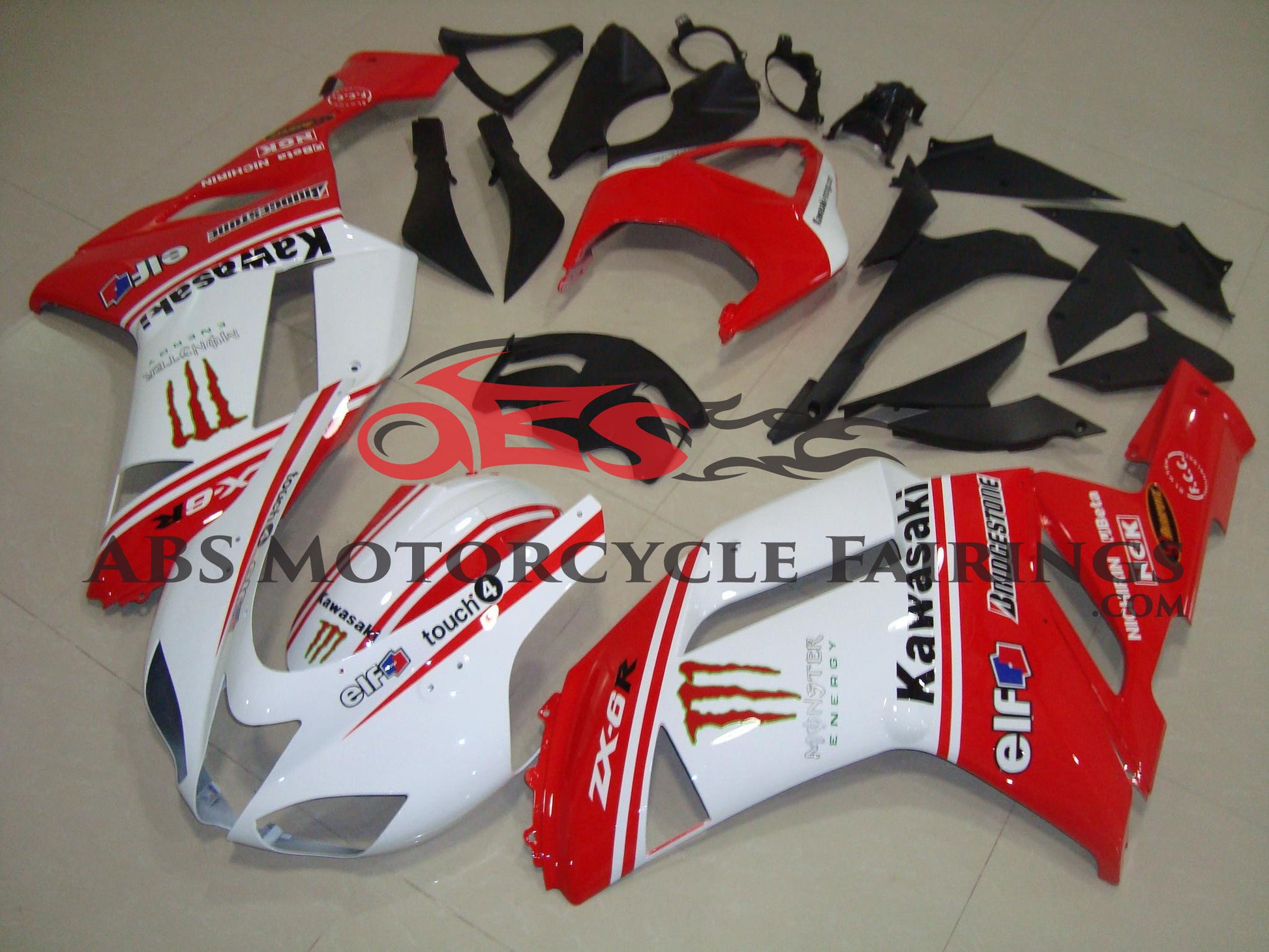 Kawasaki Ninja ZX6R 636 (2007-2008) White & Red Monster Energy Fairings