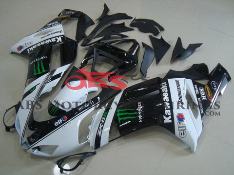White and Black Monster Energy Fairing Kit for a 2007 & 2008 Kawasaki Ninja ZX-6R 636 motorcycle