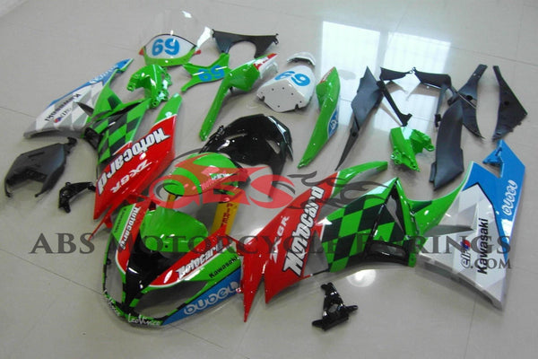 Kawasaki Ninja ZX6R 636 (2009-2012) Red, Green, White, Blue & Black Motocard at KingsMotorcycleFairings.com