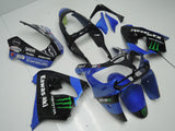 Blue, Black, White and Green Monster fairing kit for a 2000 and 2001 Kawasaki ZX-9R motorcycle.