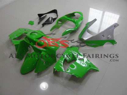 Green and Silver Flames fairing kit for a 1998 and 1999 Kawasaki ZX-9R motorcyc