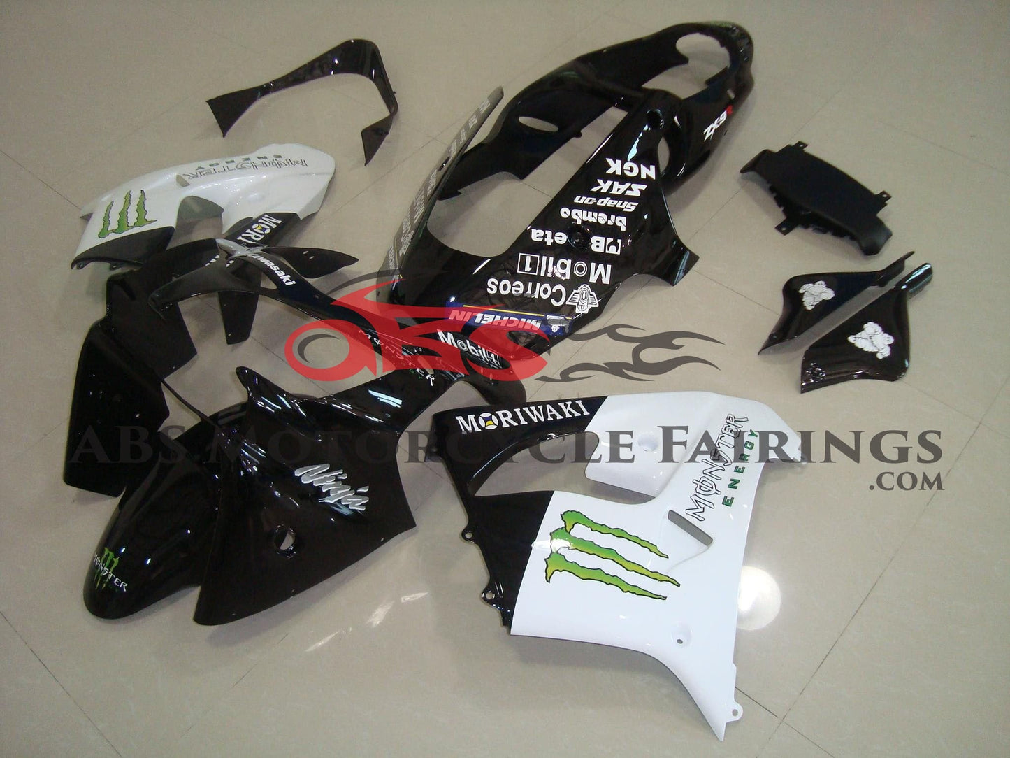 Black and White Monster fairing kit for a 2002 and 2003 Kawasaki ZX-9R motorcycle