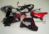 Black and Candy Apple Red Flame fairing kit for a 2000 and 2001 Kawasaki ZX-9R motorcycle