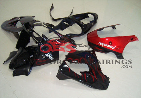 Black and Candy Apple Red Flame fairing kit for a 2000 and 2001 Kawasaki ZX-9R motorcycleFairing Kit for a Kawasaki ZX-9R (2002-2003) Black & Candy Apple Red Flames