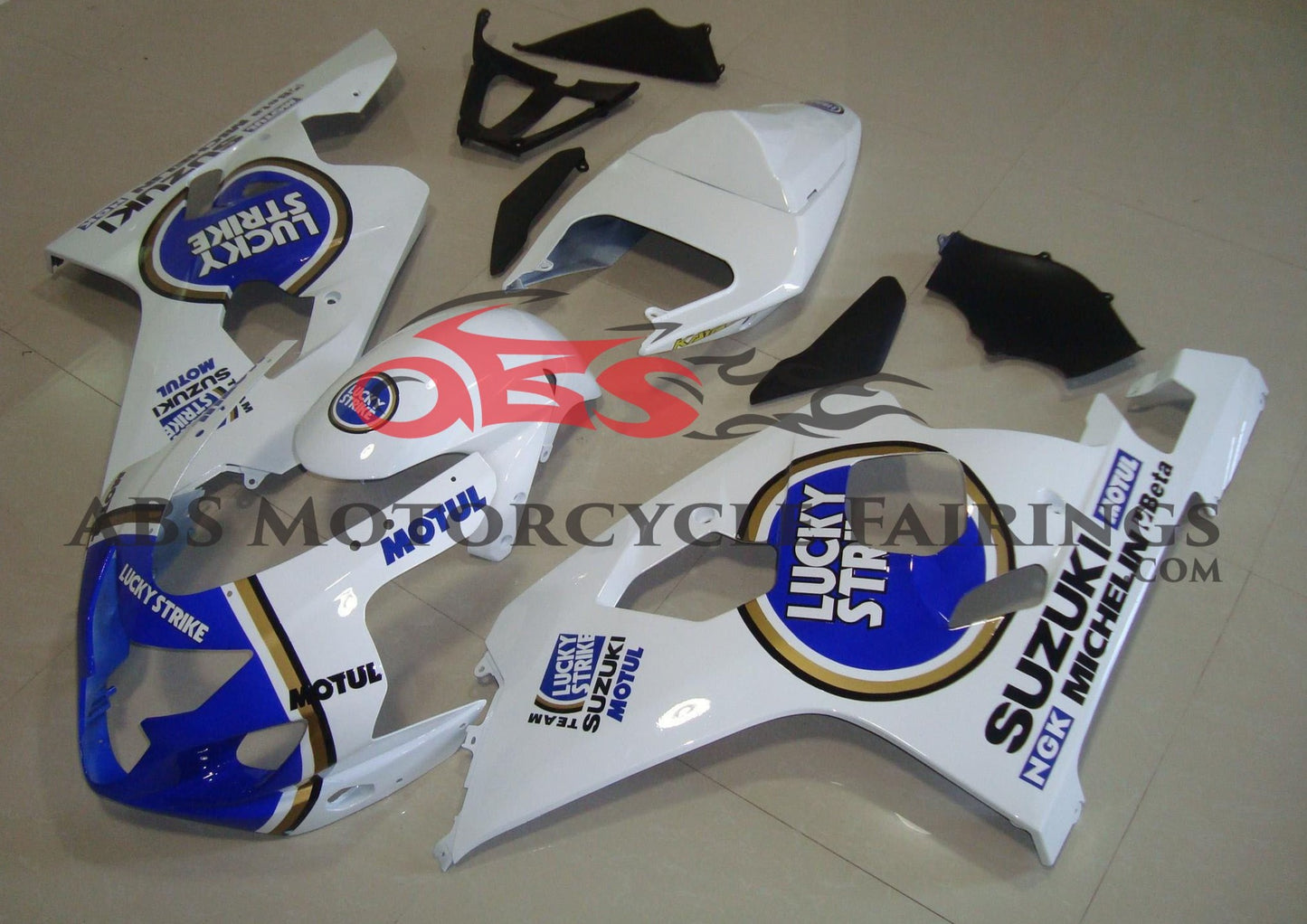 White and Blue Lucky Strike Fairing Kit for a 2004 & 2005 Suzuki GSX-R600 motorcycle